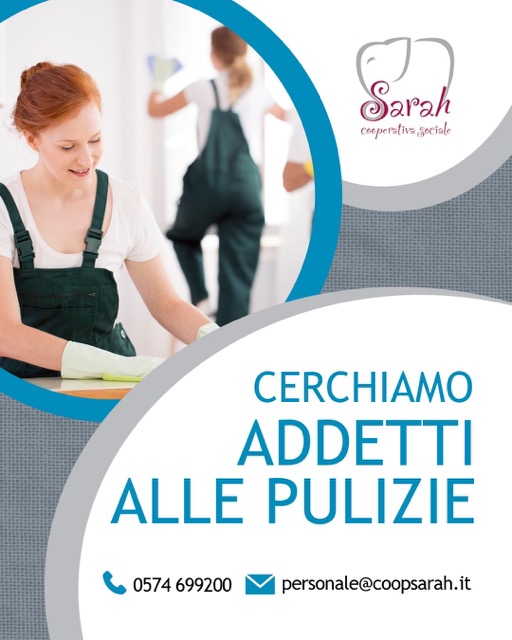 offerta lavoro ricerca addetti pulizie con logo sarah e immagine decorativa